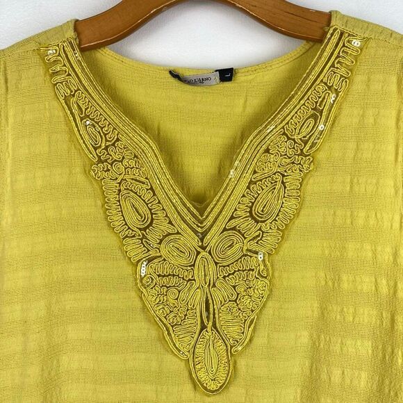 Lungo L’Arno Yellow V-neck Sleeveless Dress 100% Cotton Embroidered Sequin sz L - Picture 2 of 7